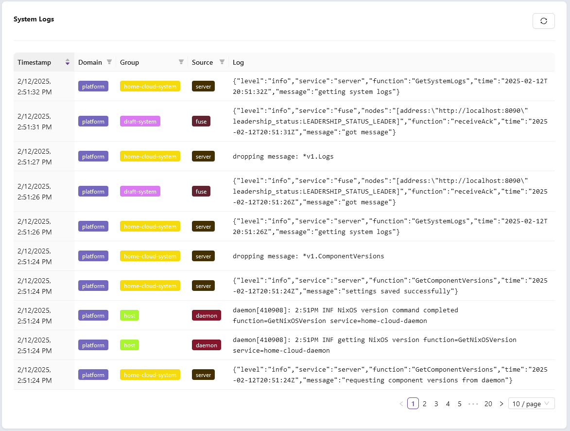 A screenshot of the Home Cloud dashboard showing a table of system logs broken into columns of timestamp, domain, group, source, and log. The domain, group, and source columns are color coded based on the value in the cell.