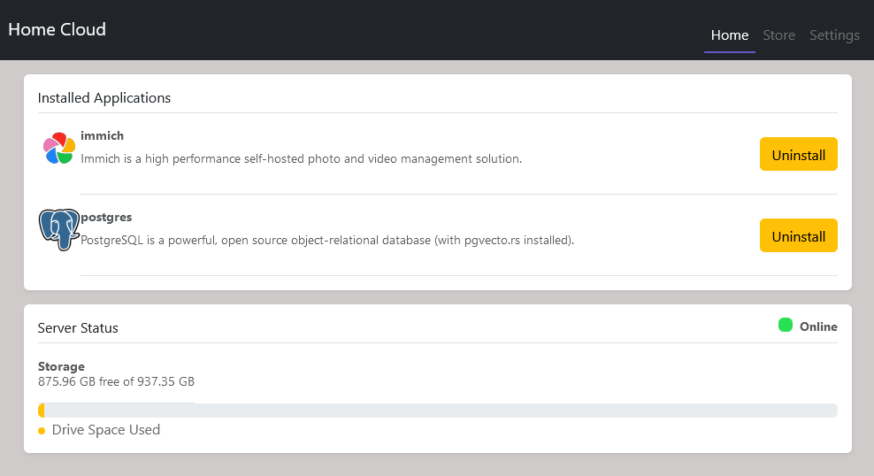 a screenshot of the old Home Cloud admin dashboard